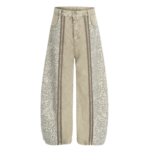Madxmarx Leopard Panel Denim Pants - XS / Khaki