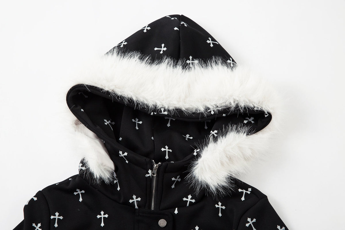 Madxmarx Cross Print Faux Fur Hooded Jacket