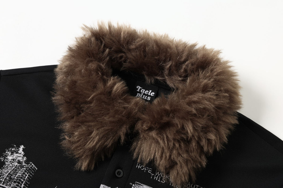 Madxmarx Faux Fur Collar Graphic Polo Tee