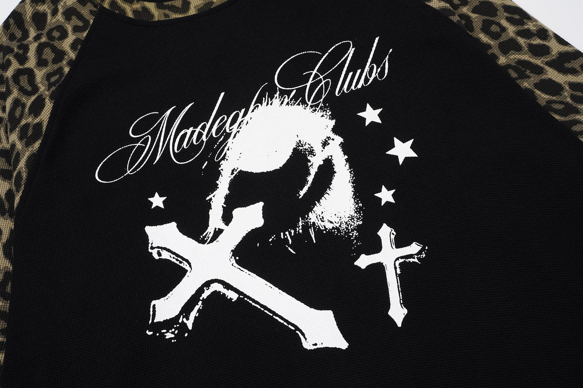 Madxmarx Leopard Sleeve Cross Graphic Long Sleeve Tee