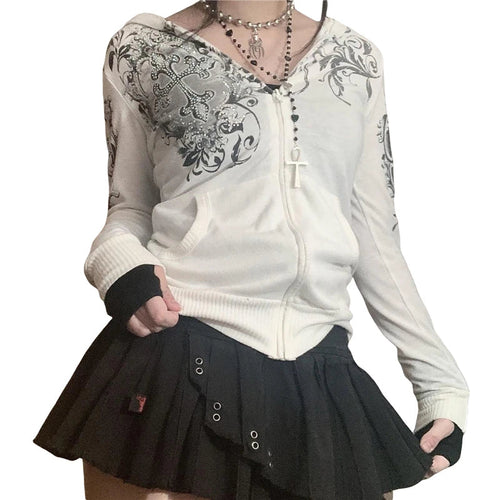 Weißer Langarm-Sweatshirt mit Strass-Reißverschluss - Weiß / XL