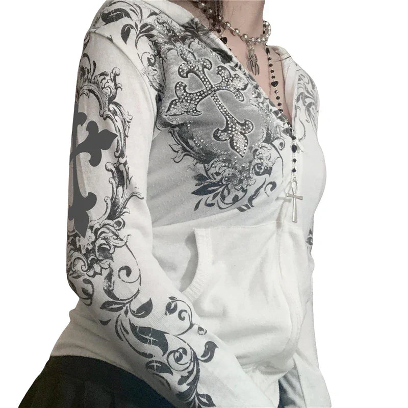 Rhinestone White Zipper Long Sleeve Sweatshirt