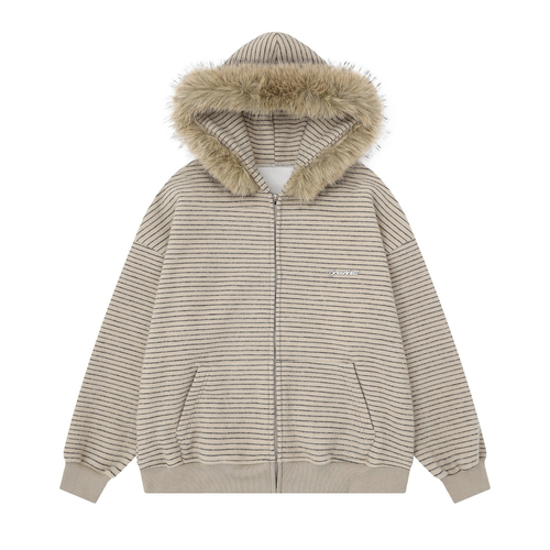 Madxmarx Striped Knit Zip Hoodie - S / Beige