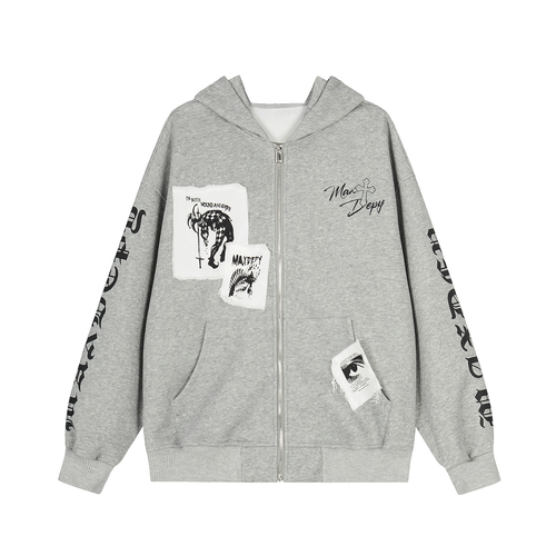 Madxmarx Distressed Graphic Zip Hoodie - M / Grey