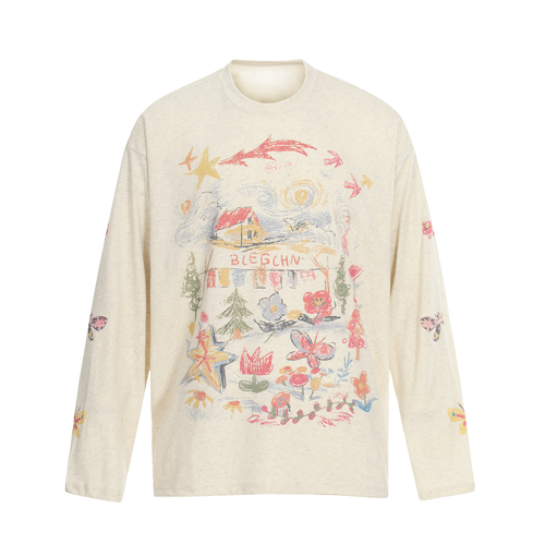 Madxmarx Hand-Drawn Art Graphic Long Sleeve Tee - S / Beige