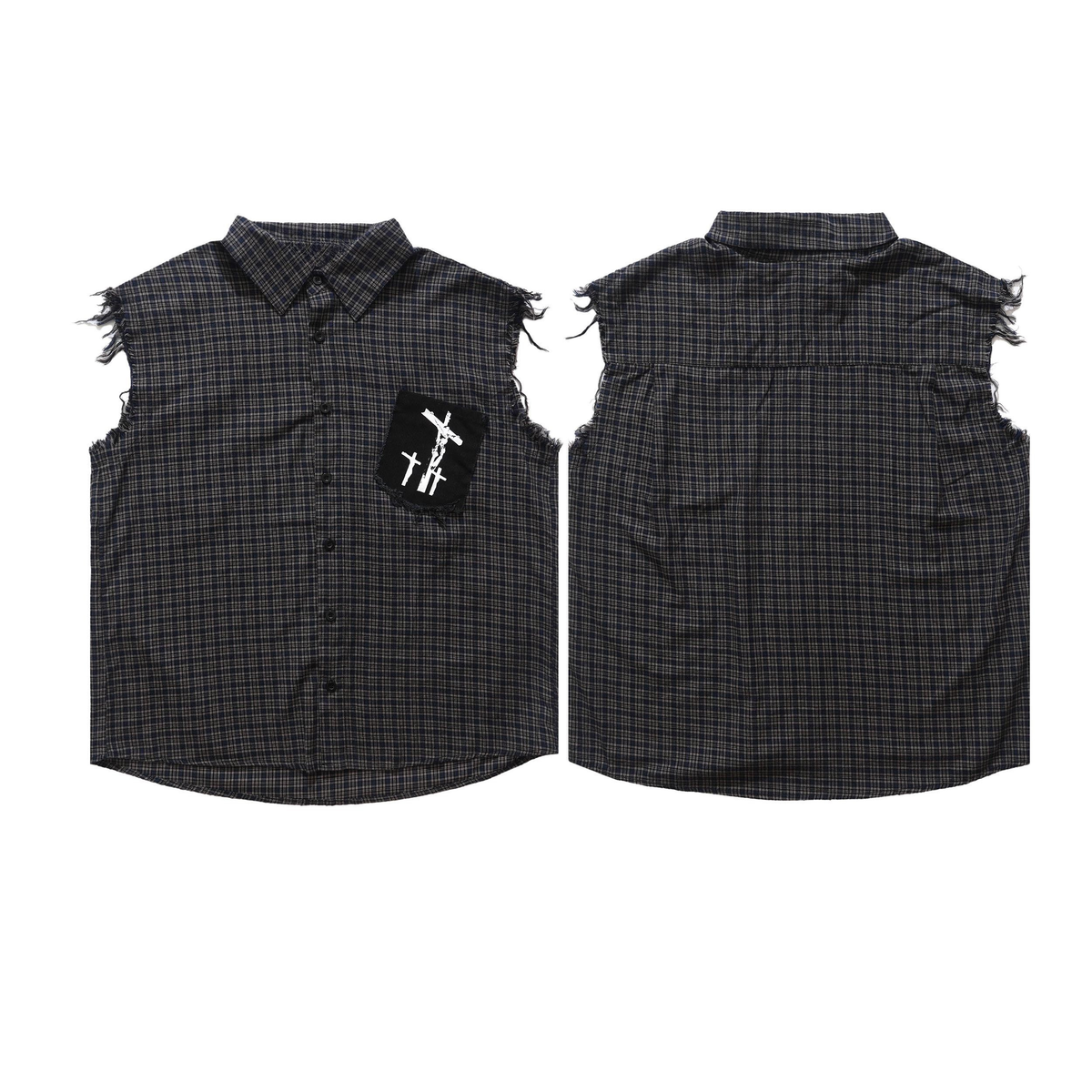 Madxmarx Raw-Edge Plaid Sleeveless Cotton Shirt