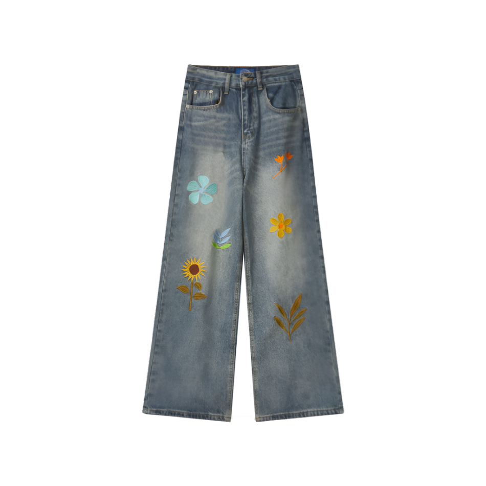 Boho Floral Embroidered Wide-Leg Jeans