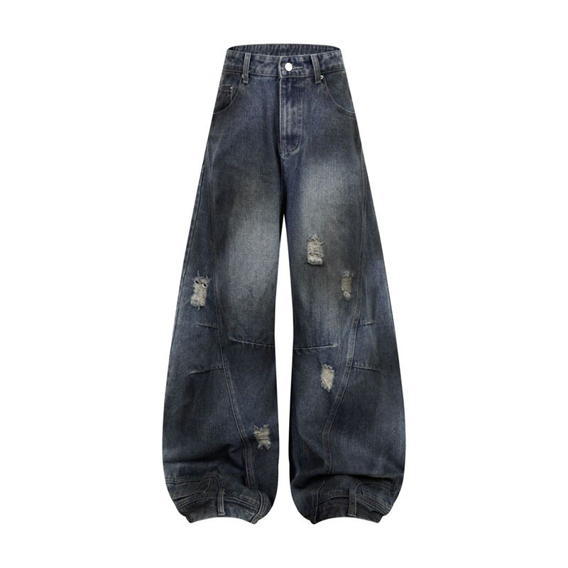 Deconstructed Washed Straight-Leg Cargo Jeans