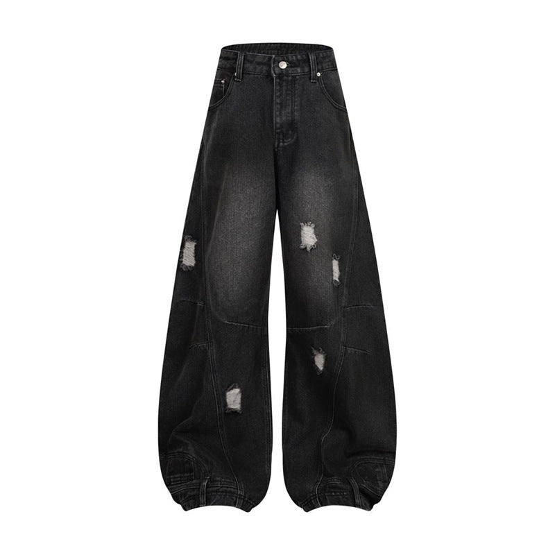 Deconstructed Washed Straight-Leg Cargo Jeans