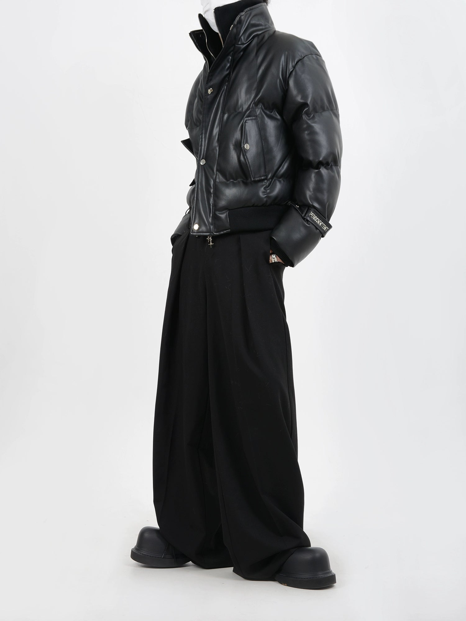Fake Layered Zipper Knit Cardigan & PU Leather Puffer Jacket