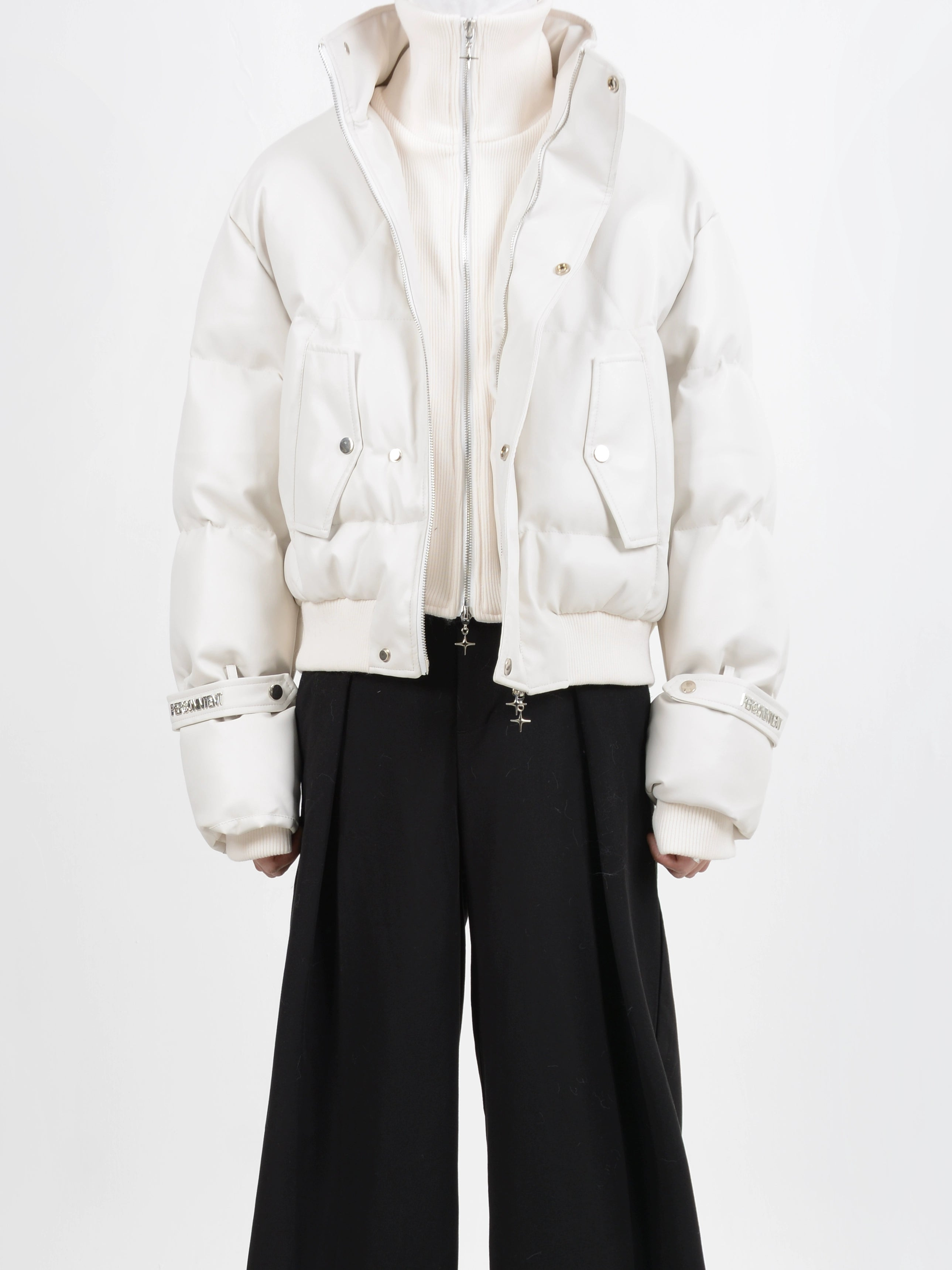 Fake Layered Zipper Knit Cardigan & PU Leather Puffer Jacket