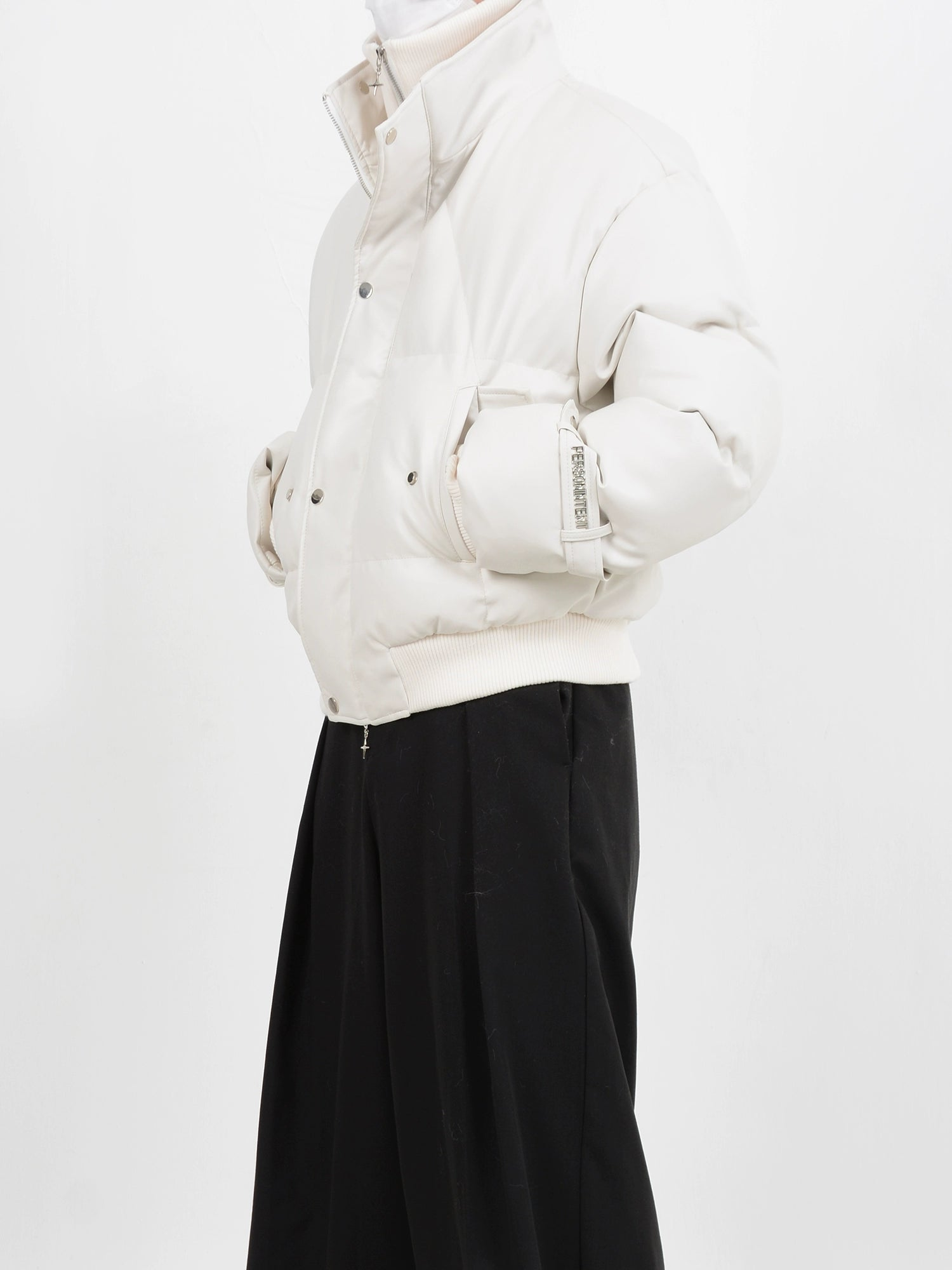 Fake Layered Zipper Knit Cardigan & PU Leather Puffer Jacket
