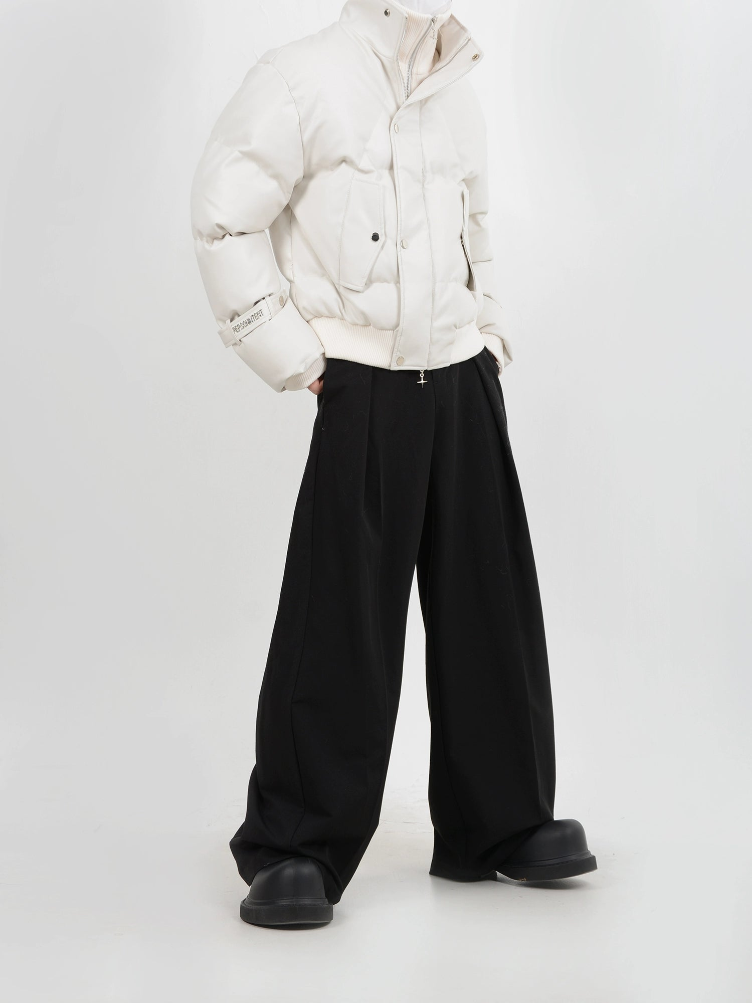 Fake Layered Zipper Knit Cardigan & PU Leather Puffer Jacket