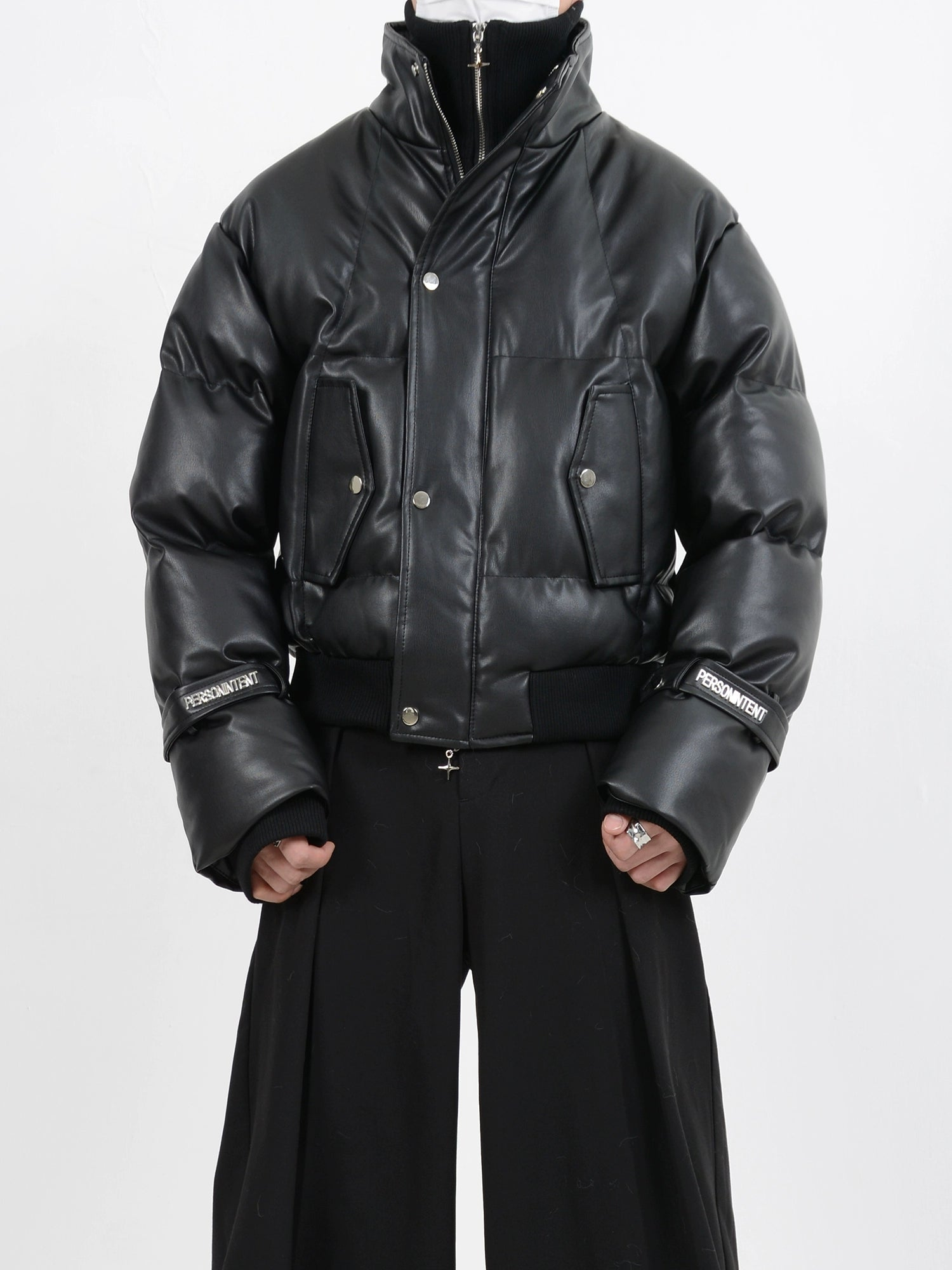 Fake Layered Zipper Knit Cardigan & PU Leather Puffer Jacket