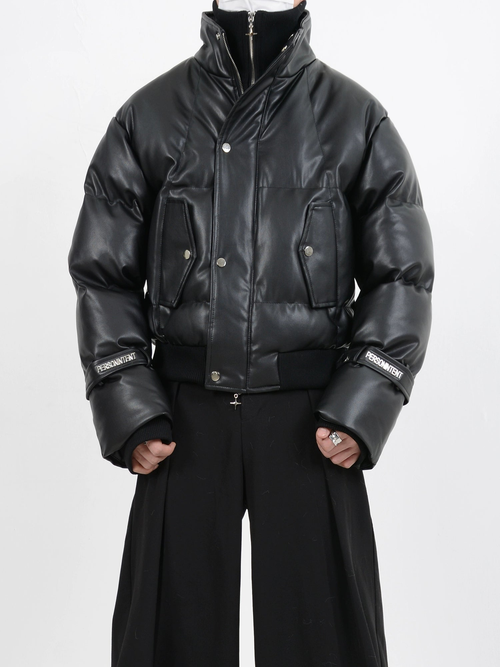 Nep gelaagde gebreide cardigan met rits en PU leren pufferjack - zwart / M