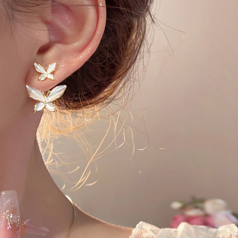 French high-end drop glaze butterfly stud earrings for women, a two-wear 2025 new forest gentle temperament ear jewelry