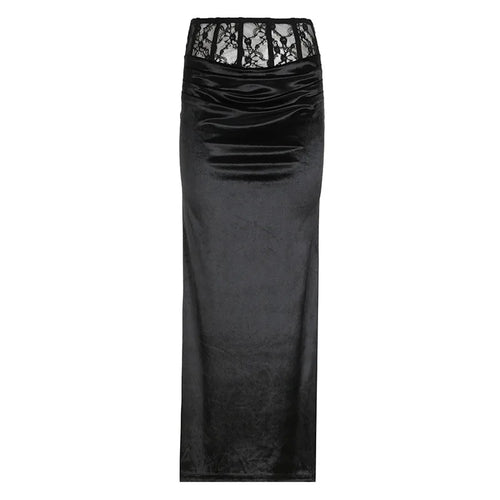 Jupe longue sexy en velours gothique, style gothique sombre élégant, style mall gothique, style Y2k, patchwork en dentelle, pour soirée. - Noir / S