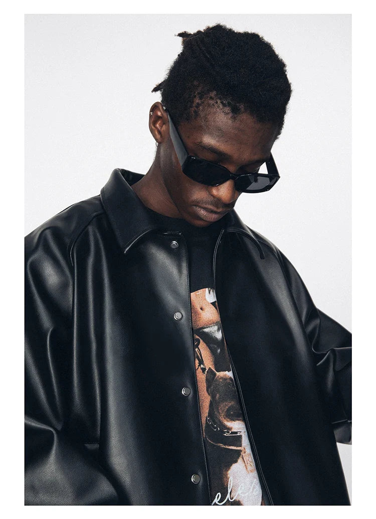 Streetwear Oversized Black Pu Leather Jacket