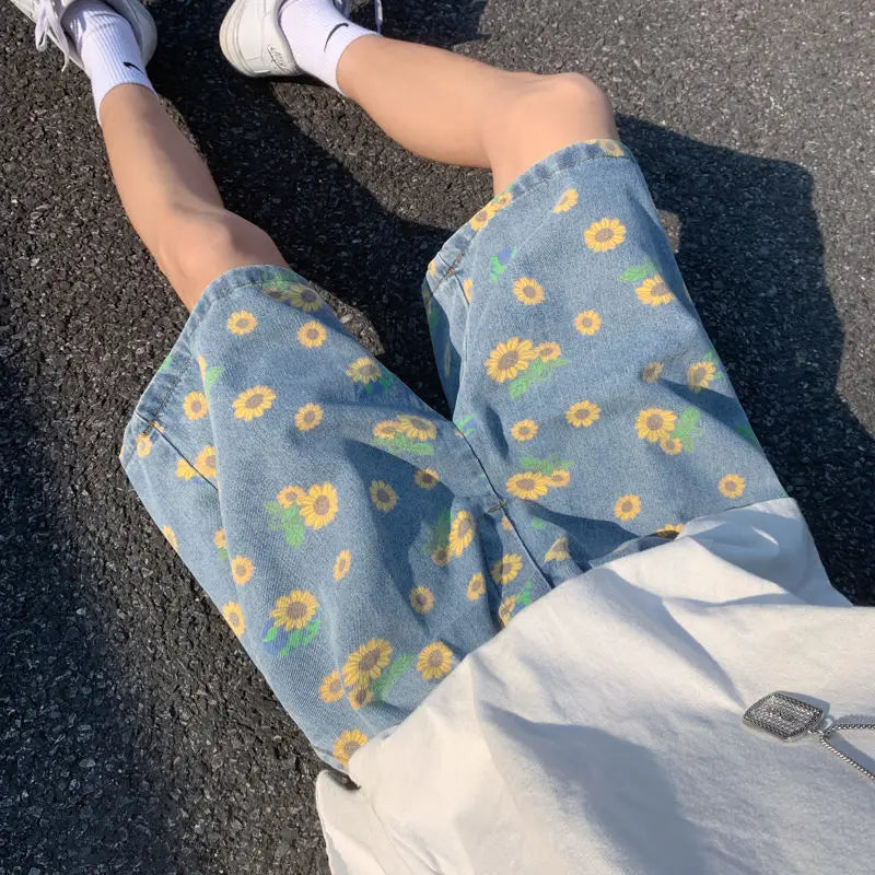 Short en jean à fleurs en coton pour homme
