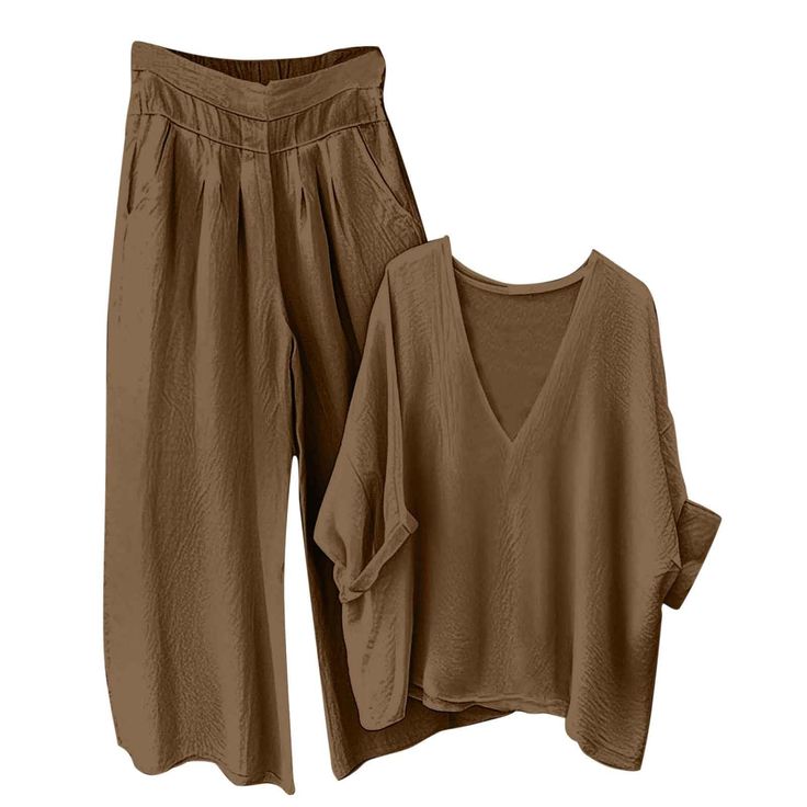 2 Piece Summer Set Loose V Neck Batwing Top & Wide Leg Pants