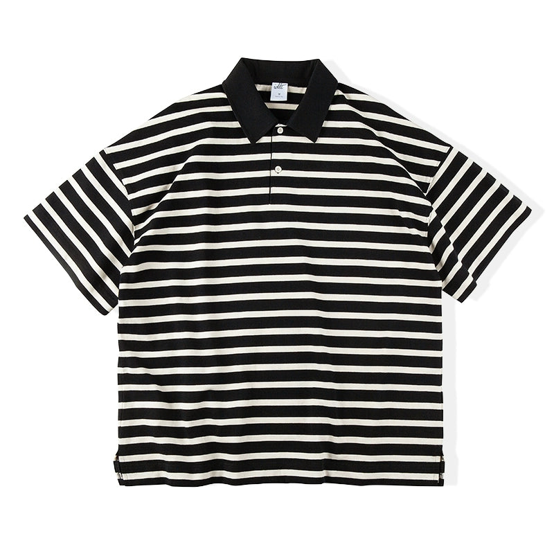 Heavy Weight Stripe Drop Shoulder Short Sleeve Polo Shirt