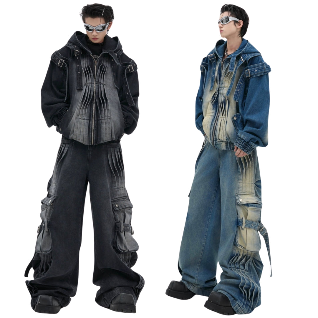 Heavyweight Zipper Denim Hooded Jacket & Wide Leg Denim Jeans Setup