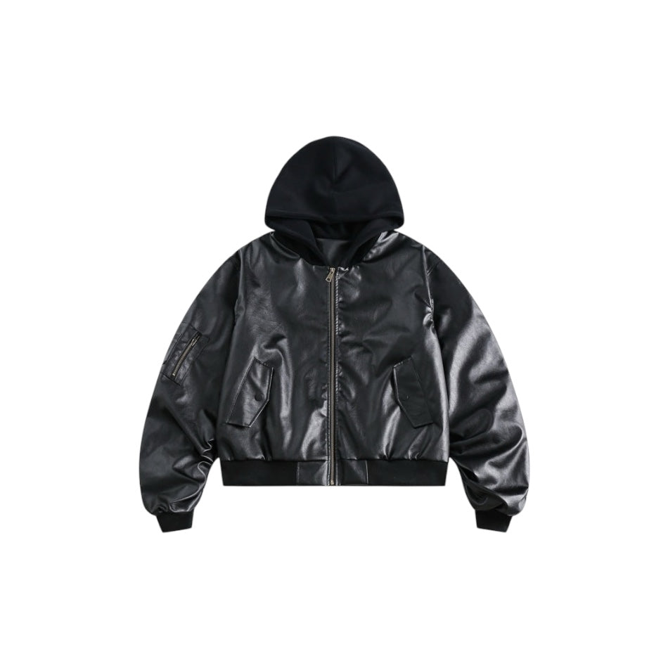 Hooded Baseball PU Leather Jacket