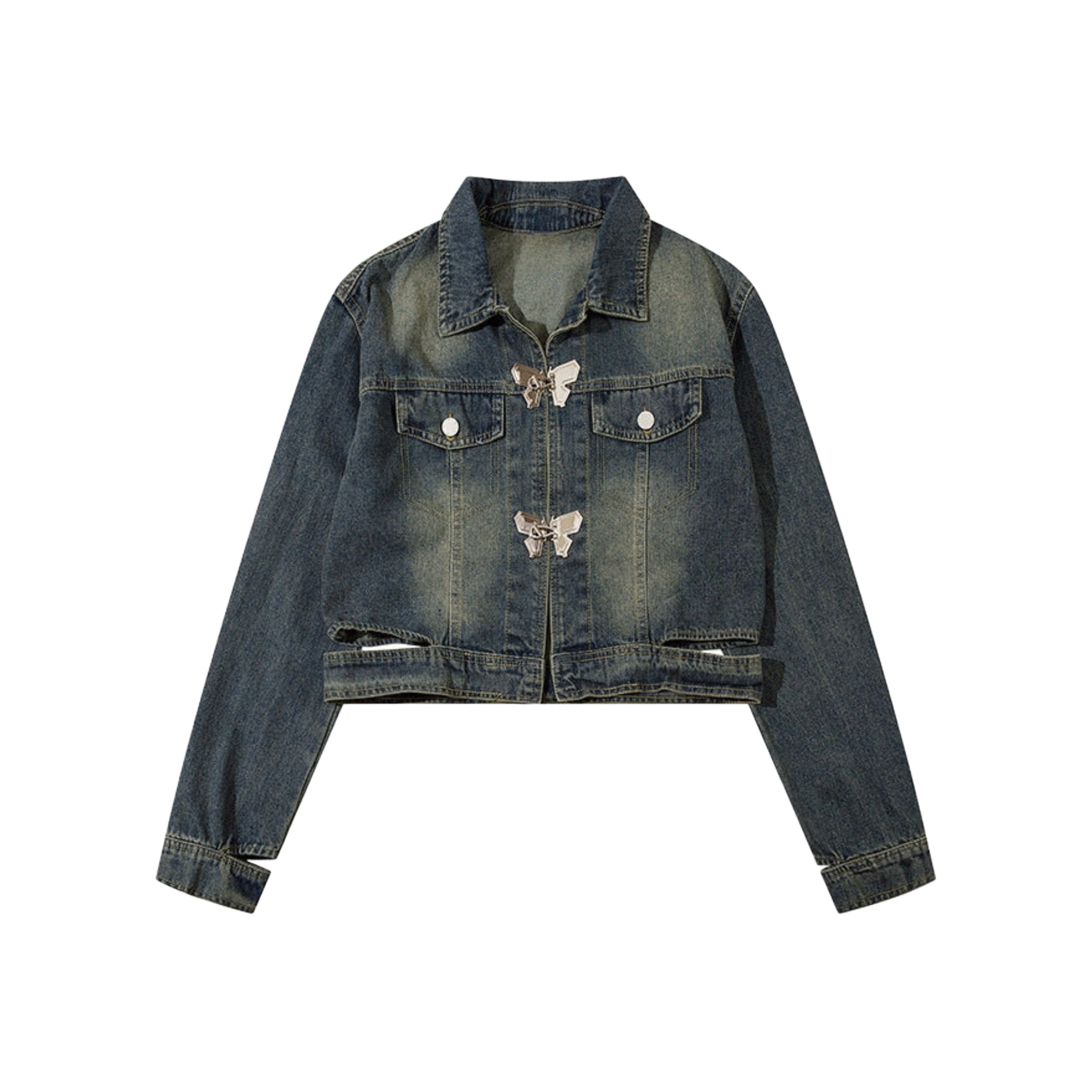 Butterfly Metal Buckle Cropped Denim Jacket