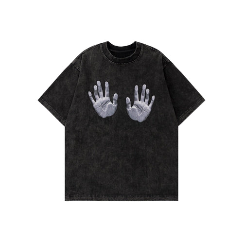 Washed Worn-out Hand Print T-shirt - M / Black