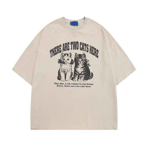 Camiseta com Estampa de Gatos Retrô - M / Bege
