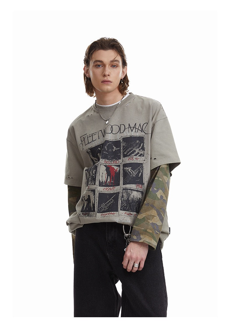Camiseta Estonada com Mangas Camufladas em Camadas Madxmarx