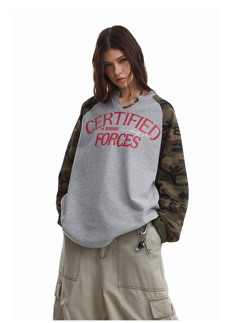 Madxmarx Camo-Sleeve Varsity Graphic Long-Sleeve Tee