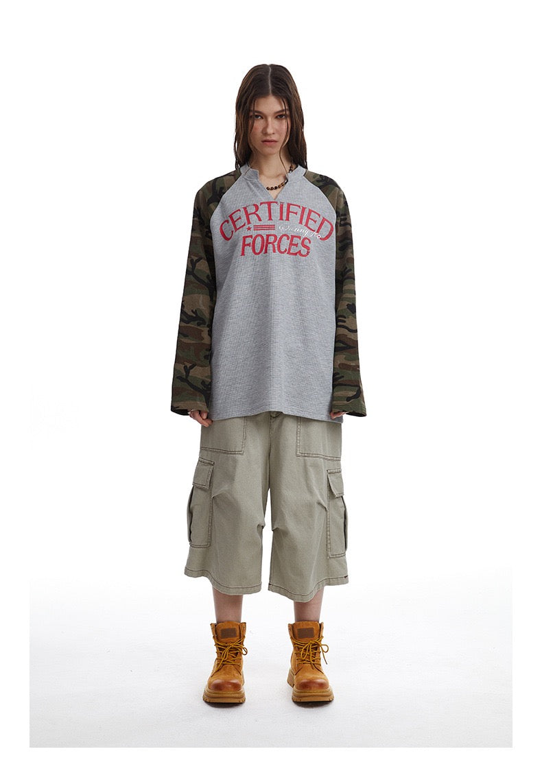 Madxmarx Camo-Sleeve Varsity Graphic Long-Sleeve Tee