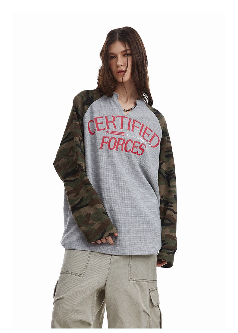 Madxmarx Camo-Sleeve Varsity Graphic Long-Sleeve Tee