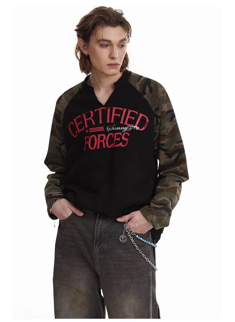 Madxmarx Camo-Sleeve Varsity Graphic Long-Sleeve Tee