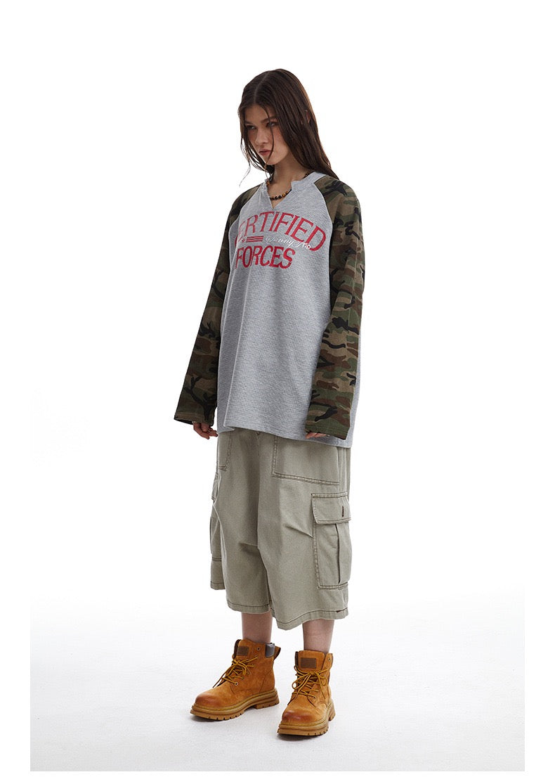 Madxmarx Camo-Sleeve Varsity Graphic Long-Sleeve Tee