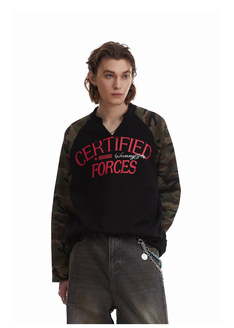 Madxmarx Camo-Sleeve Varsity Graphic Long-Sleeve Tee