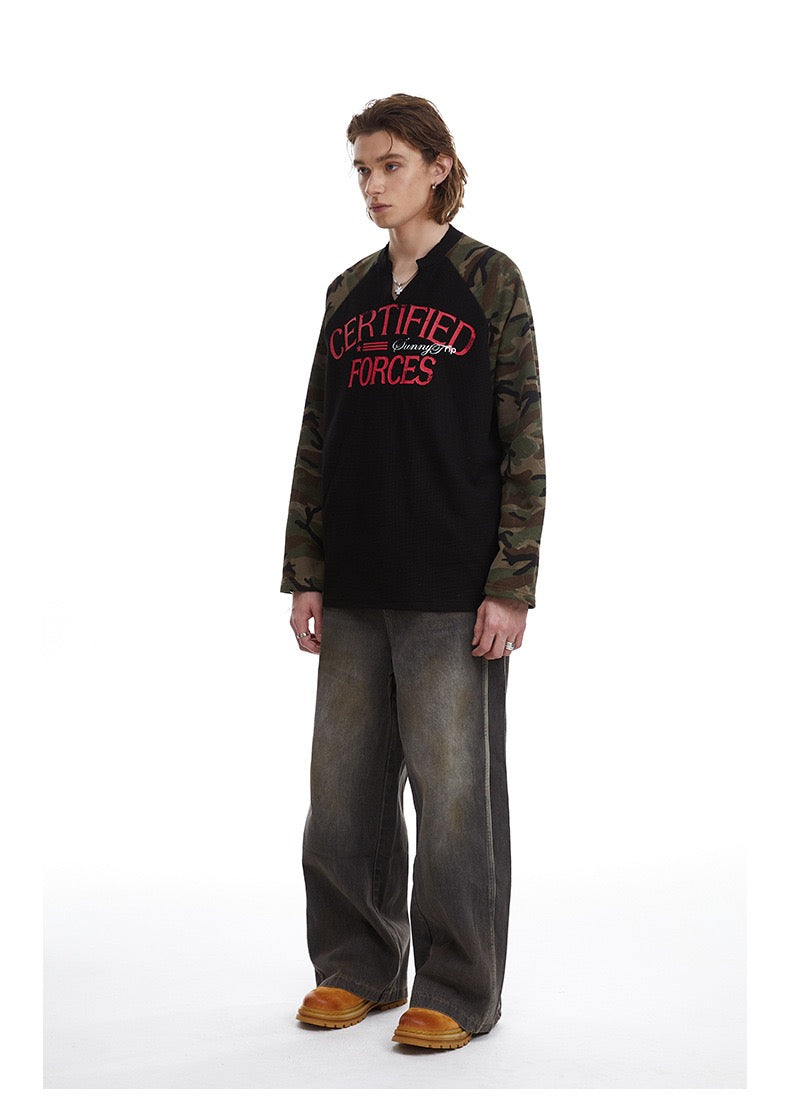 Madxmarx Camo-Sleeve Varsity Graphic Long-Sleeve Tee