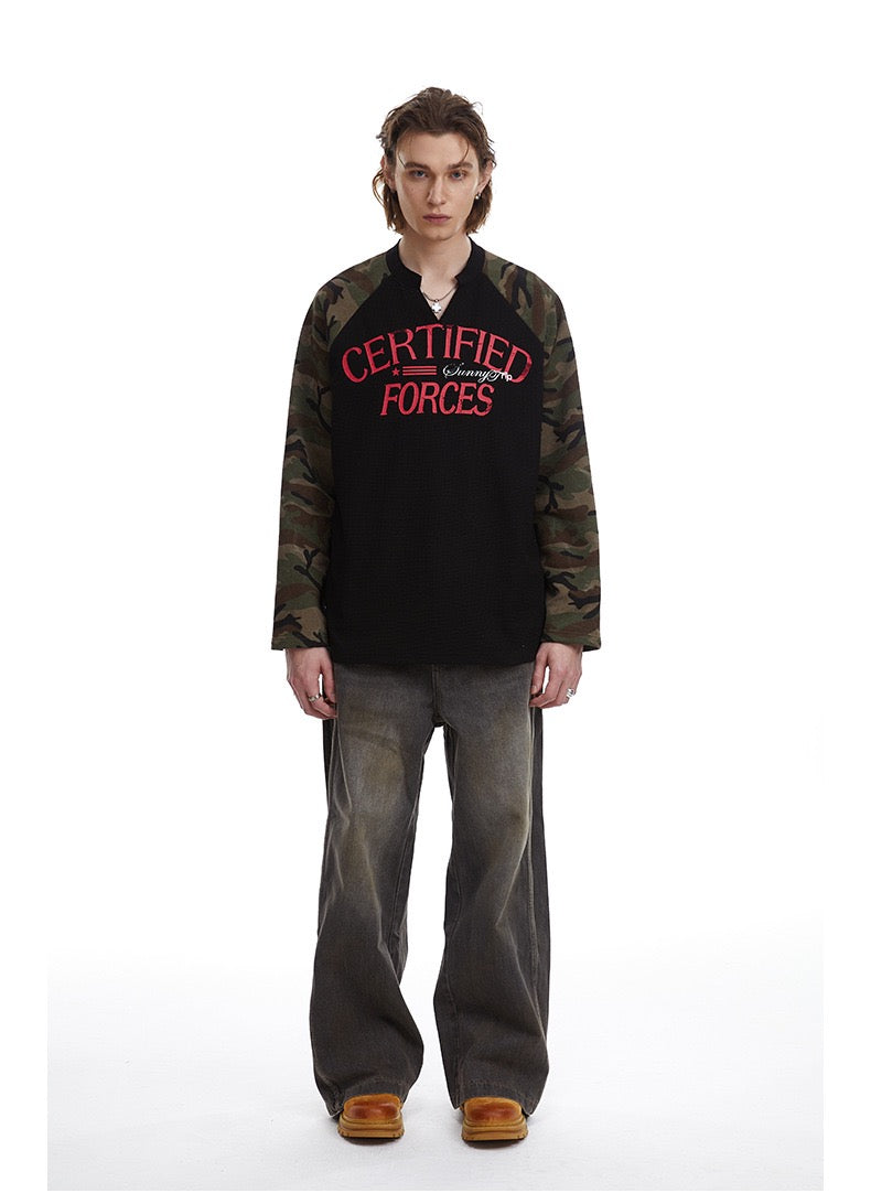 Madxmarx Camo-Sleeve Varsity Graphic Long-Sleeve Tee