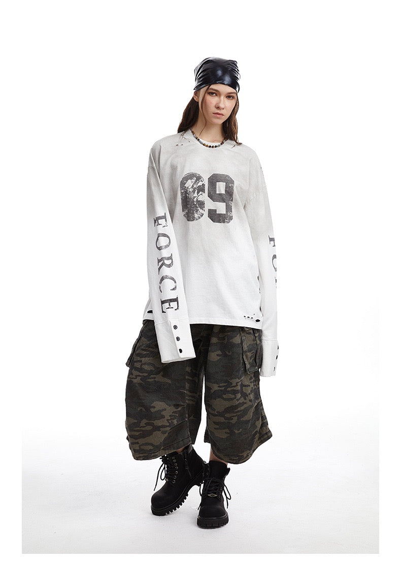 Madxmarx Distressed Number Graphic Long-Sleeve Tee