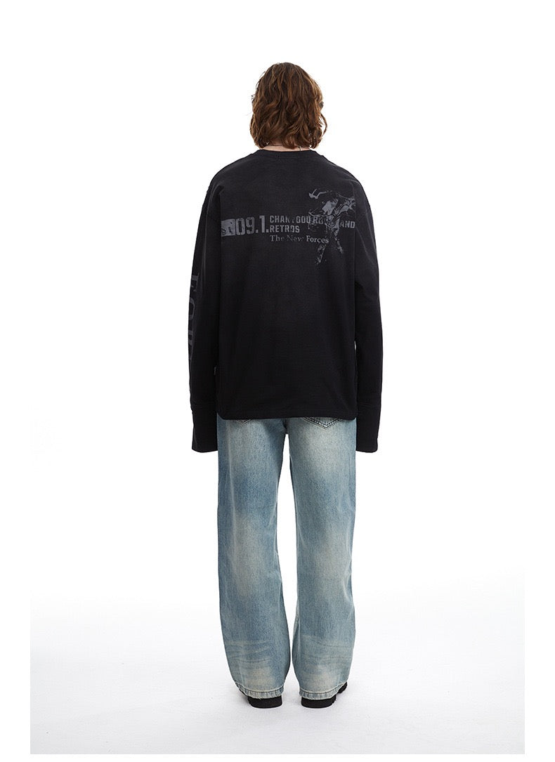 Madxmarx Distressed Number Graphic Long-Sleeve Tee