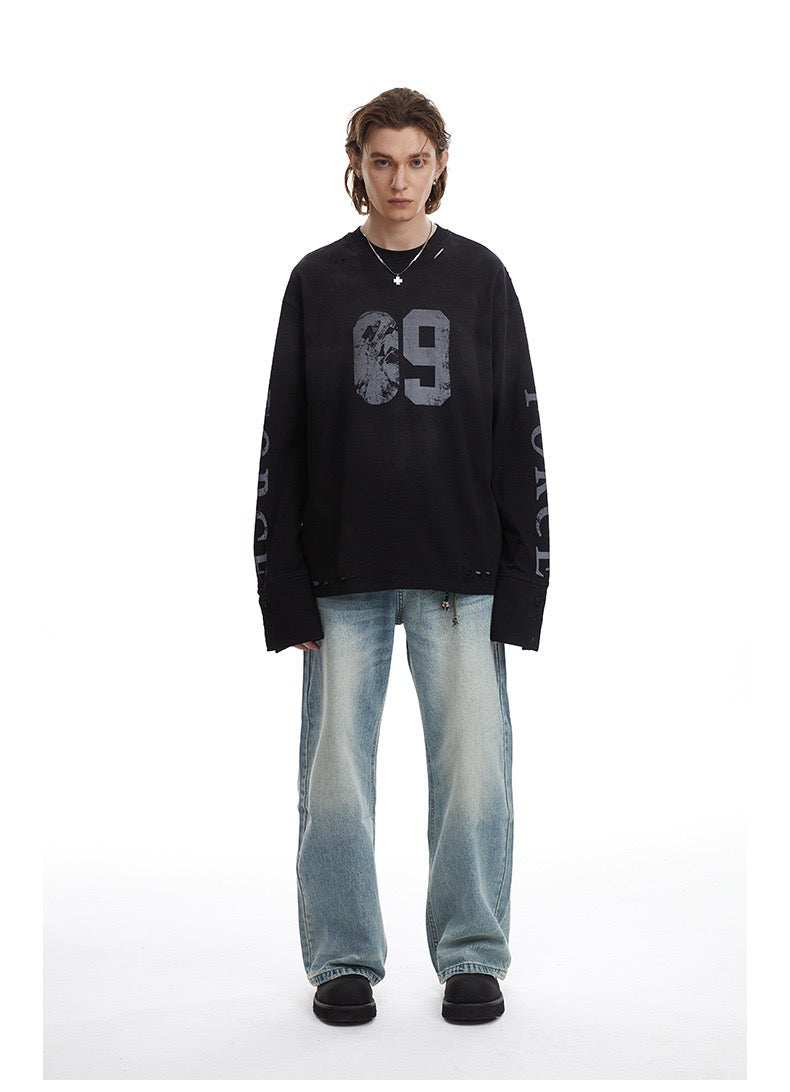 Madxmarx Distressed Number Graphic Long-Sleeve Tee