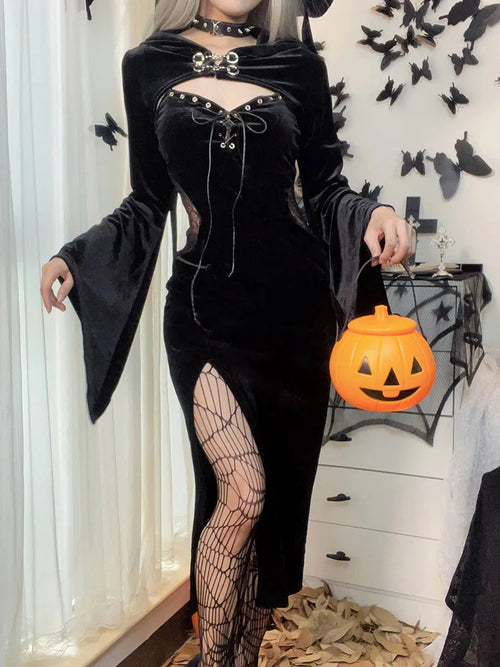 Vestido Longo com Chapéu, Transparente em Veludo, Renda com Recortes, Fenda Alta, Manga Longa, Botão e Amarração, Vestido de Festa - Preto / S