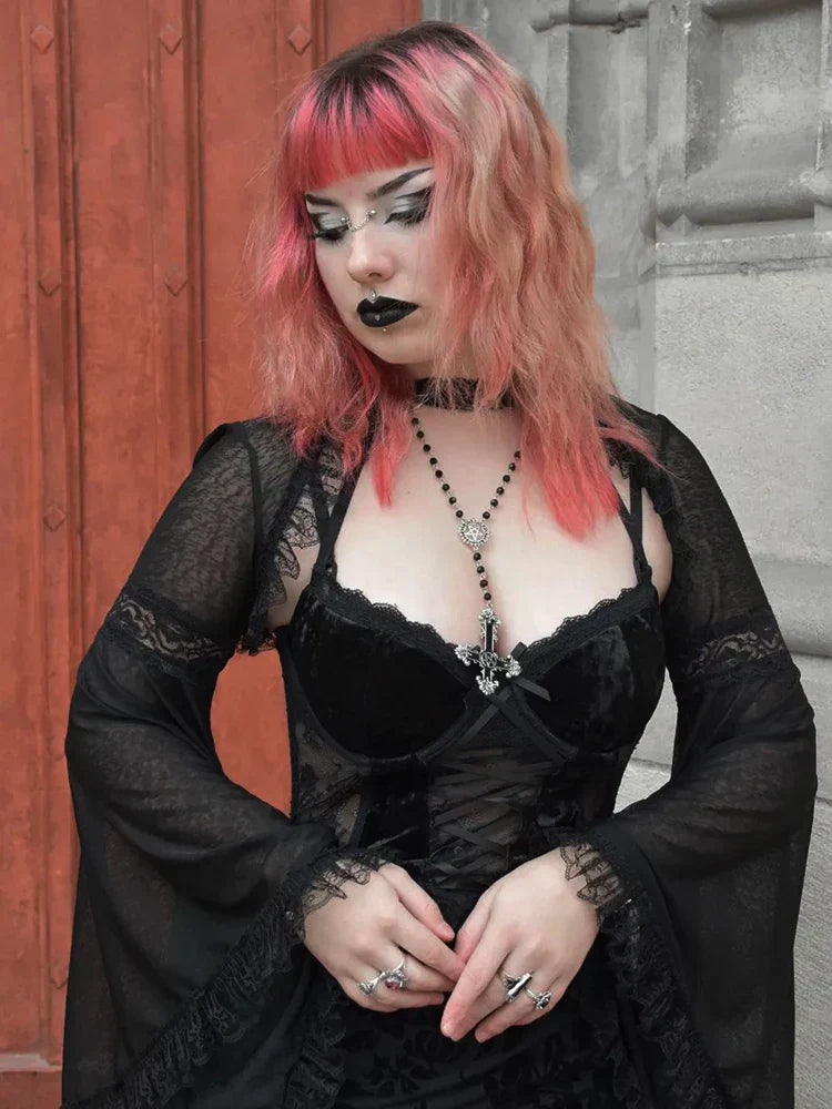 Vestido midi gótico Harajuku de calle con estampado de malla, vendaje de corsé de encaje de terciopelo y tirantes.