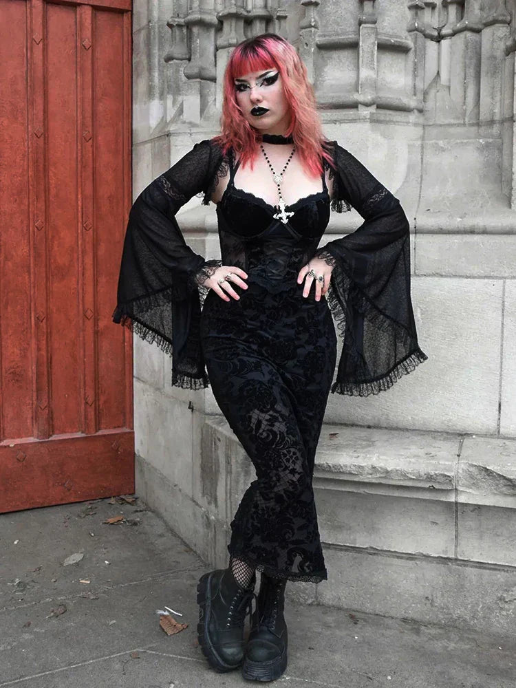 Vestido midi gótico Harajuku de calle con estampado de malla, vendaje de corsé de encaje de terciopelo y tirantes.