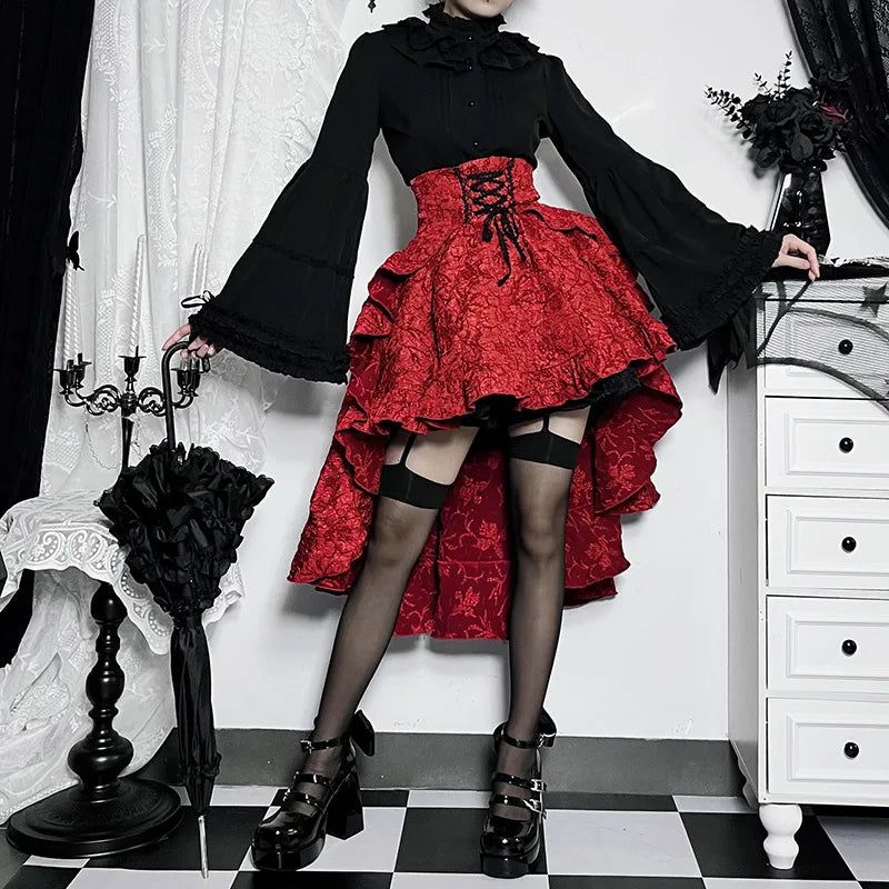 Falda asimétrica de talle alto con cola de golondrina estilo gótico de centro comercial para mujer, estilo vintage, con cordones y corte asimétrico.
