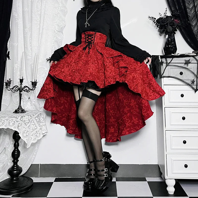 Falda asimétrica de talle alto con cola de golondrina estilo gótico de centro comercial para mujer, estilo vintage, con cordones y corte asimétrico.