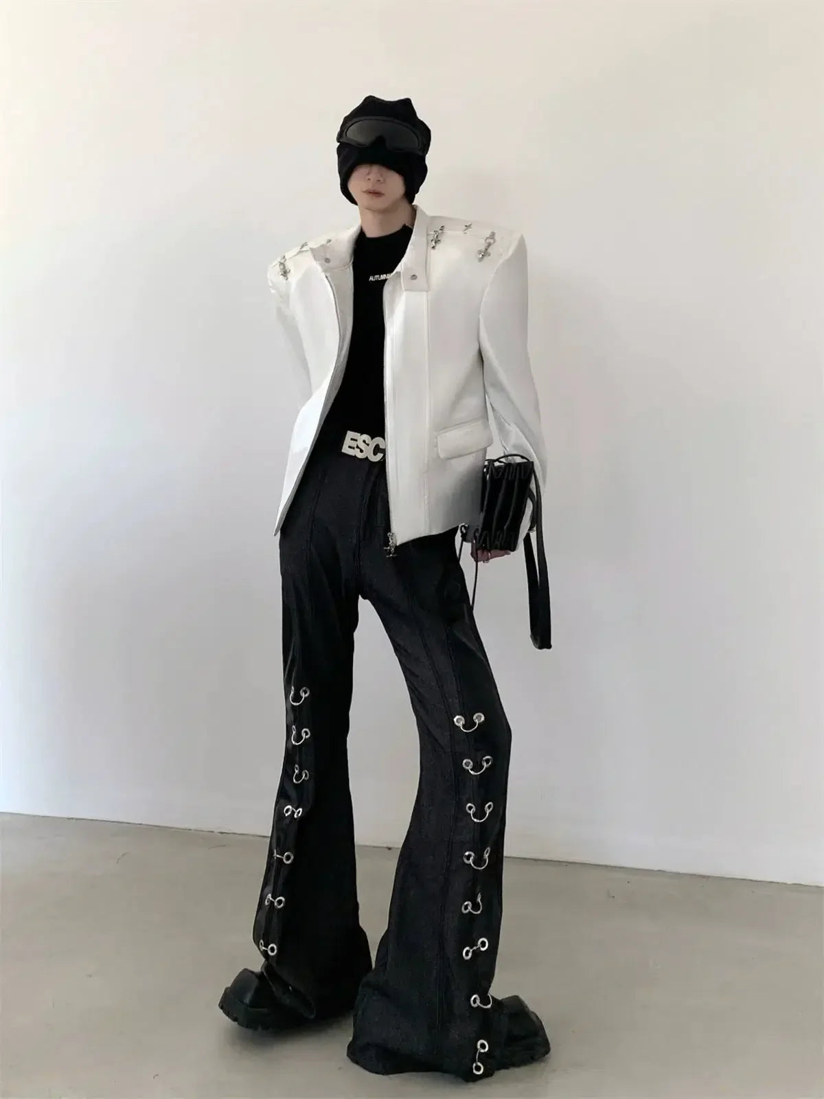 Metal Buckle Standing-collar PU Leather Jacket