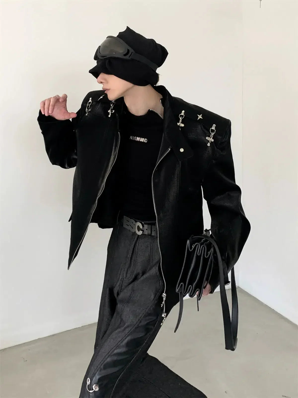 Metal Buckle Standing-collar PU Leather Jacket