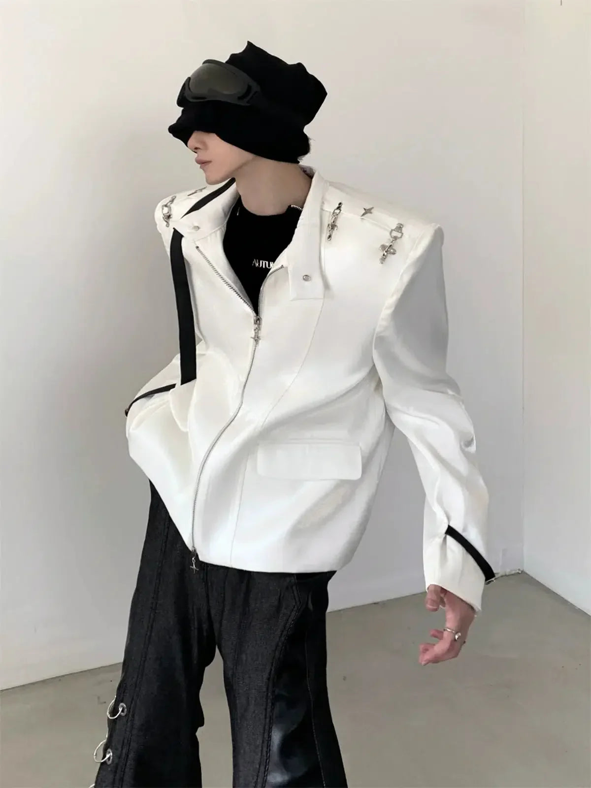 Metal Buckle Standing-collar PU Leather Jacket